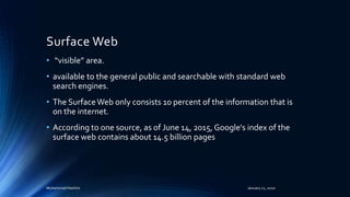Surface Web
• “visible” area.
• available to the general public and searchable with standard web
search engines.
• The SurfaceWeb only consists 10 percent of the information that is
on the internet.
• According to one source, as of June 14, 2015, Google's index of the
surface web contains about 14.5 billion pages
Muhammad Hashim January 21, 2020
 