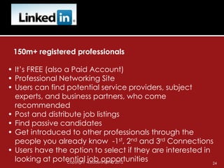 150m+ registered professionals

• It’s FREE (also a Paid Account)
• Professional Networking Site
• Users can find potential service providers, subject
  experts, and business partners, who come
  recommended
• Post and distribute job listings
• Find passive candidates
• Get introduced to other professionals through the
  people you already know -1st, 2nd and 3rd Connections
• Users have the option to select if they are interested in
  looking at potential -job opportunities
                   Copyright LeadershipHQ 2012              24
 