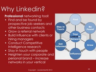 Professional networking tool!
• Find and be found by
  prospective job seekers and
  other business contacts
• Grow a referral network
• Build influence with clients or
  hiring managers
• Conduct Competitive
  Intelligence research
• Stay in touch with people
• Heighten your corporate and
  personal brand – increase
  networks in your vertical

                                               26
               Copyright - LeadershipHQ 2012
 