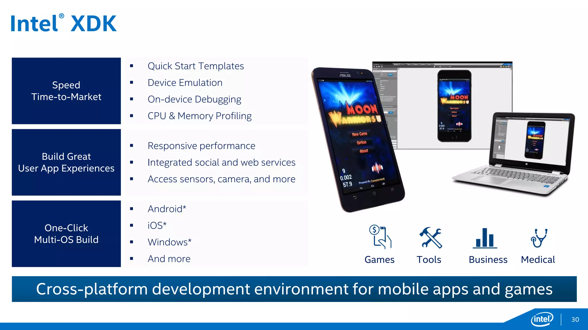 Intel® XDK
Speed
Time-to-Market
 Quick Start Templates
 Device Emulation
 On-device Debugging
 CPU & Memory Profiling
Build Great
User App Experiences
 Responsive performance
 Integrated social and web services
 Access sensors, camera, and more
One-Click
Multi-OS Build
 Android*
 iOS*
 Windows*
 And more Games Tools Business Medical
Cross-platform development environment for mobile apps and games
30
 