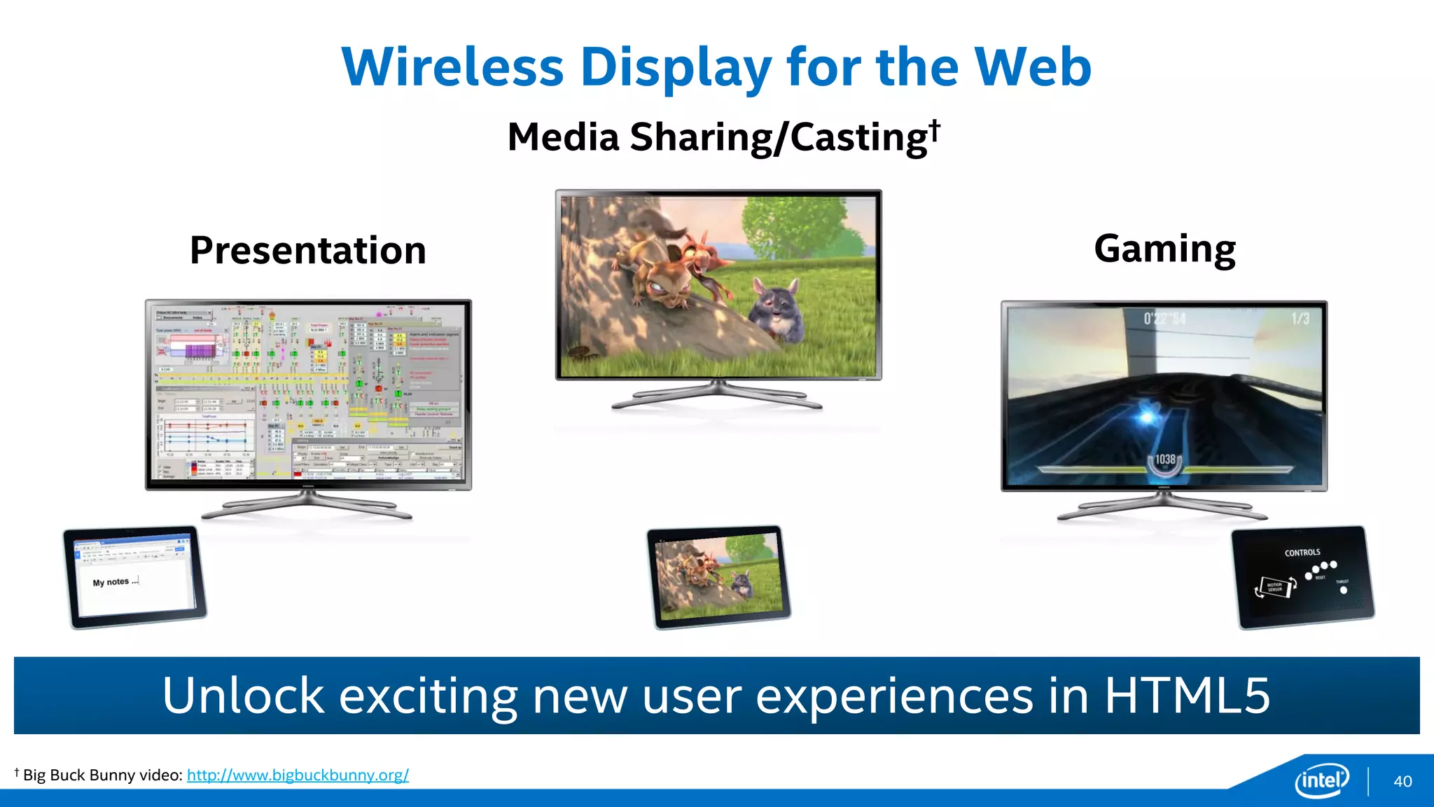 Gaming
Wireless Display for the Web
Unlock exciting new user experiences in HTML5
Presentation
† Big Buck Bunny video: http://www.bigbuckbunny.org/
Media Sharing/Casting†
40
 