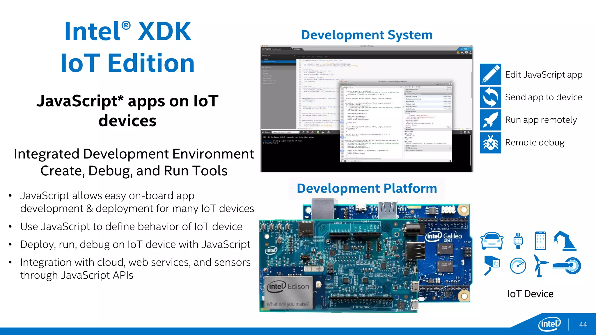 44
Intel® XDK
IoT Edition
JavaScript* apps on IoT
devices
Integrated Development Environment
Create, Debug, and Run Tools
• JavaScript allows easy on-board app
development & deployment for many IoT devices
• Use JavaScript to define behavior of IoT device
• Deploy, run, debug on IoT device with JavaScript
• Integration with cloud, web services, and sensors
through JavaScript APIs
Edit JavaScript app
Send app to device
Run app remotely
Remote debug
Development System
IoT Device
Development Platform
 