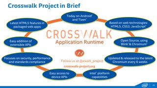 Crosswalk Project in Brief
Application Runtime
Follow us at @xwalk_project
crosswalk-project.org
Open Source, using
Blink* & Chromium*
Today on Android*
and Tizen*
Easy addition of
extensible APIs
Easy access to
device APIs
Intel® platform
capabilities
Latest HTML5 features in
packaged web apps
Focuses on security, performance
and standards compliance
Based on web technologies:
HTML5, CSS3, JavaScript*
Updated & released to the latest
Chromium every 6 weeks
29
 
