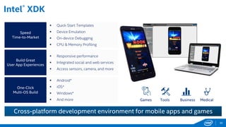 Intel® XDK
Speed
Time-to-Market
 Quick Start Templates
 Device Emulation
 On-device Debugging
 CPU & Memory Profiling
Build Great
User App Experiences
 Responsive performance
 Integrated social and web services
 Access sensors, camera, and more
One-Click
Multi-OS Build
 Android*
 iOS*
 Windows*
 And more Games Tools Business Medical
Cross-platform development environment for mobile apps and games
30
 