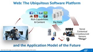 Web: The Ubiquitous Software Platform
and the Application Model of the Future
Big Data
Rich Capabilities
& Content
Social
Contextual
Crowdsourced
Sensors
“Things”
Note: Some of the images are not owned by Intel and are the property of their owners. 5
 