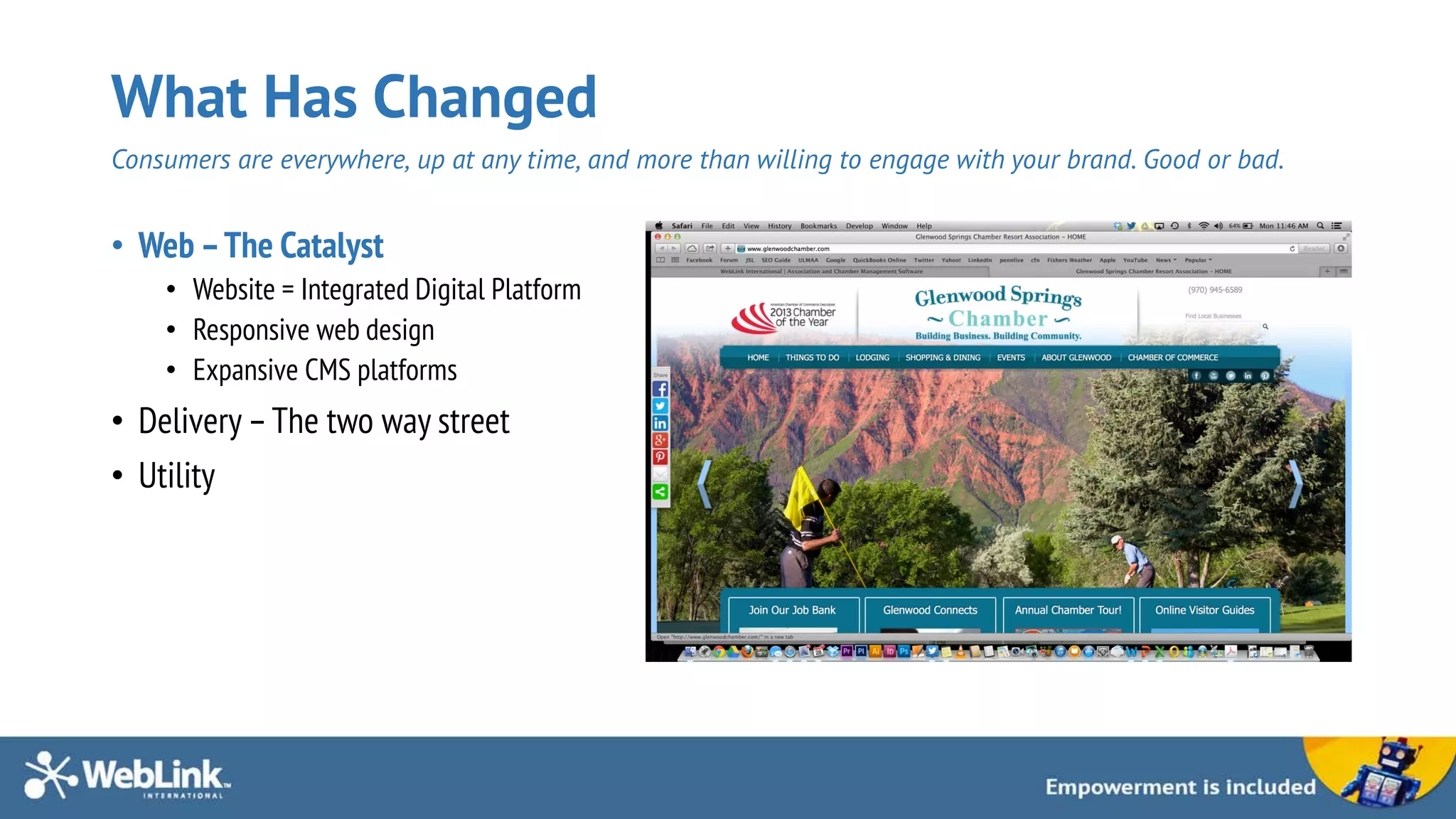 What Has Changed
Consumers are everywhere, up at any time, and more than willing to engage with your brand. Good or bad.
• Web –The Catalyst
• Website = Integrated Digital Platform
• Responsive web design
• Expansive CMS platforms
• Delivery –The two way street
• Utility
 