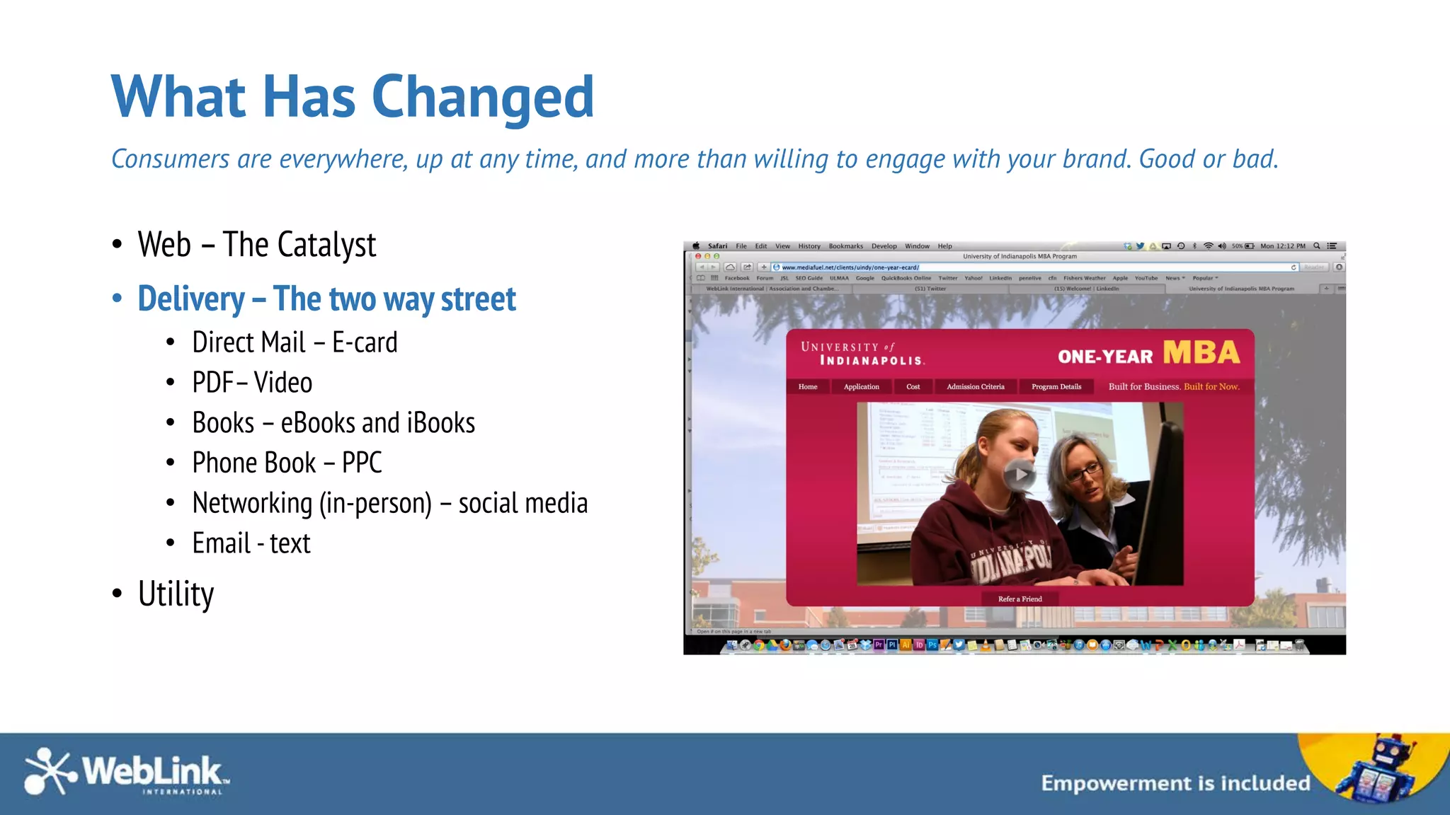 What Has Changed
Consumers are everywhere, up at any time, and more than willing to engage with your brand. Good or bad.
• Web –The Catalyst
• Delivery–The two way street
• Direct Mail –E-card
• PDF–Video
• Books –eBooks and iBooks
• Phone Book –PPC
• Networking (in-person) –social media
• Email - text
• Utility
 