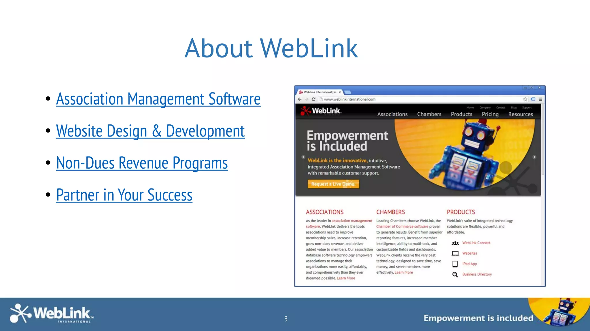 About WebLink
• Association Management Software
• Website Design & Development
• Non-Dues Revenue Programs
• Partner in Your Success
3
 