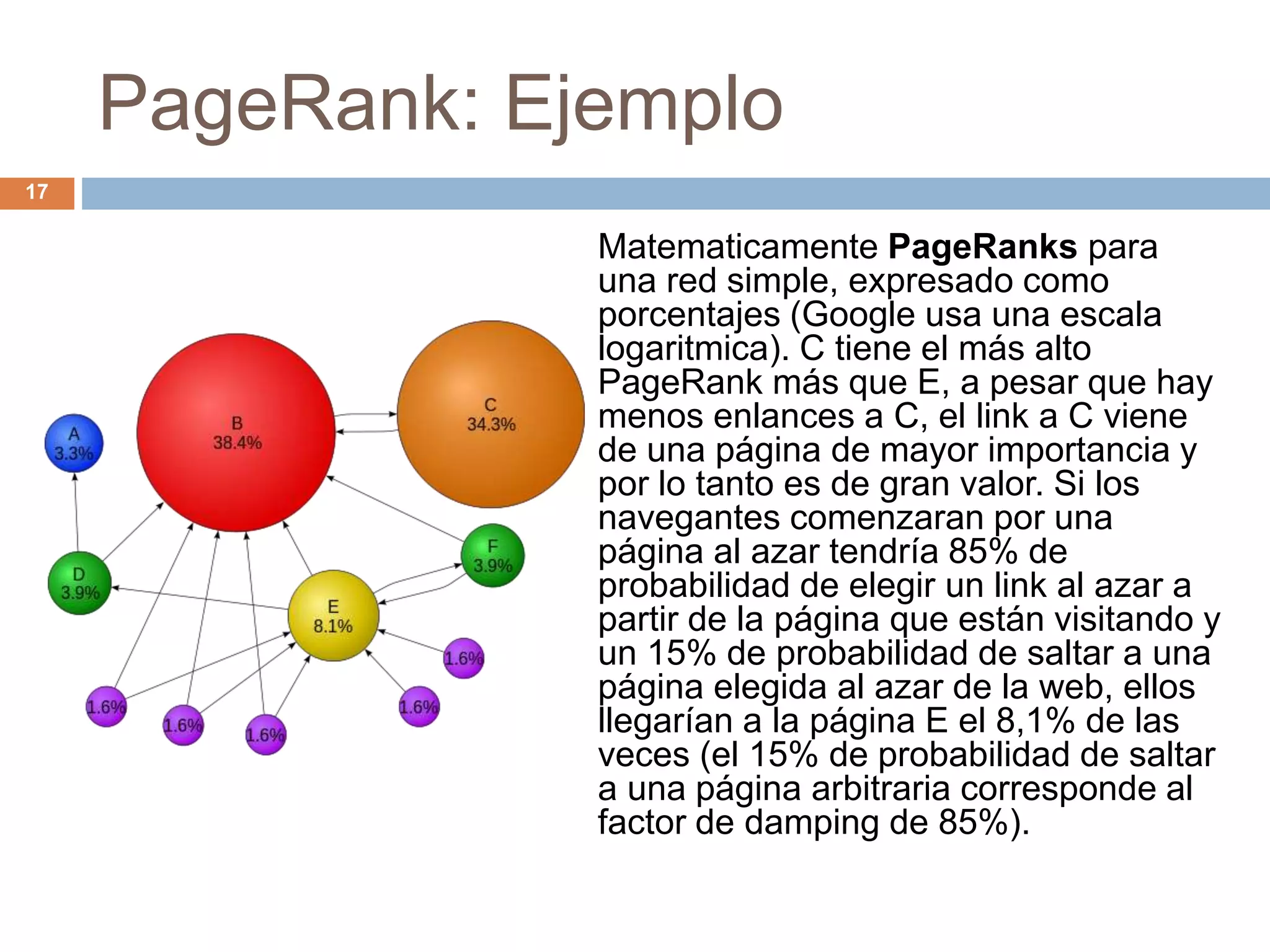 PageRank: Ejemplo
Matematicamente PageRanks para
una red simple, expresado como
porcentajes (Google usa una escala
logaritmica). C tiene el más alto
PageRank más que E, a pesar que hay
menos enlances a C, el link a C viene
de una página de mayor importancia y
por lo tanto es de gran valor. Si los
navegantes comenzaran por una
página al azar tendría 85% de
probabilidad de elegir un link al azar a
partir de la página que están visitando y
un 15% de probabilidad de saltar a una
página elegida al azar de la web, ellos
llegarían a la página E el 8,1% de las
veces (el 15% de probabilidad de saltar
a una página arbitraria corresponde al
factor de damping de 85%).
17
 