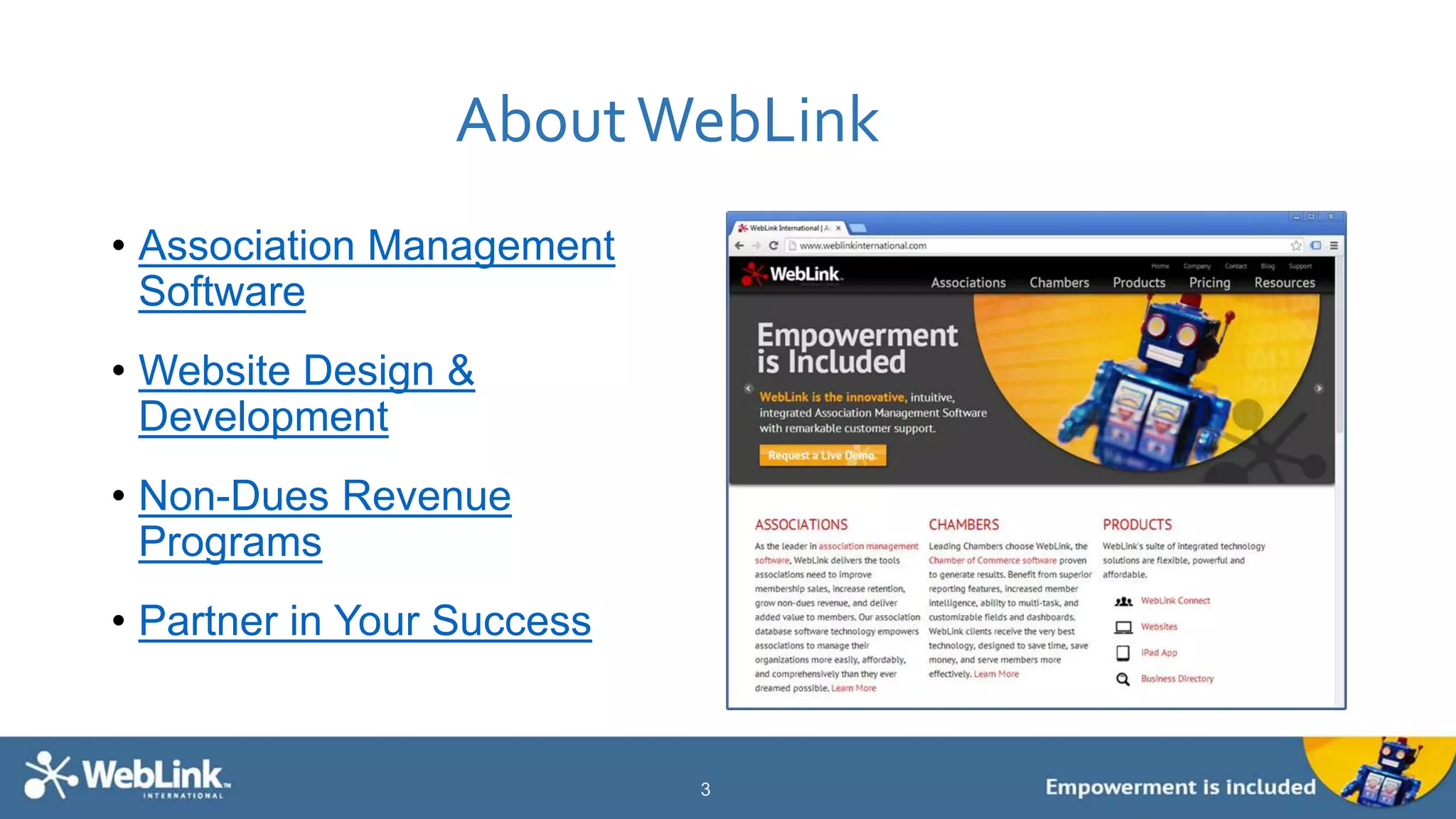 AboutWebLink
• Association Management
Software
• Website Design &
Development
• Non-Dues Revenue
Programs
• Partner in Your Success
3
 