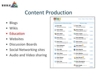 Content ProductionBlogsWikisEducationWebsitesDiscussion BoardsSocial Networking sitesAudio and Video sharing