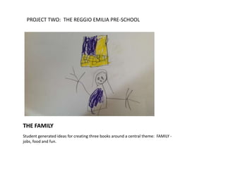 THE FAMILY
Student generated ideas for creating three books around a central theme: FAMILY -
jobs, food and fun.
PROJECT TWO: THE REGGIO EMILIA PRE-SCHOOL
 