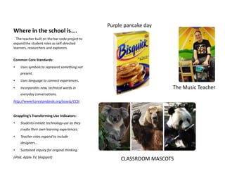 Where in the school is….
The teacher built on the bar code project to
expand the student roles as self-directed
learners, researchers and explorers.
Common Core Standards:
• Uses symbols to represent something not
present.
• Uses language to connect experiences.
• Incorporates new, technical words in
everyday conversations.
http://www/corestandards.org/assets/CCSI
Grappling’s Transforming Use Indicators:
• Students initiate technology use as they
create their own learning experiences.
• Teacher roles expand to include
designers…
• Sustained inquiry for original thinking.
(iPad, Apple TV, blogspot)
Purple pancake day
The Music Teacher
CLASSROOM MASCOTS
 