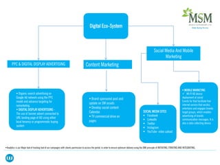 PPC & DIGITAL DISPLAY ADVERTISING
Social Media And Mobile
Marketing
 Organic search advertising on
Google Ad network using the PPC
model and advance targeting for
remarketing.
 DIGITAL DISPLAY ADVERTISING –
The use of banner advert connected to
URL landing page of AD using either
local tenancy or programmatic buying
system
SOCIAL MEDIA SITES
 Facebook
 LinkedIn
 Twitter
 Instagram
 YouTube- video upload
 MOBILE MARKETING
 WI-FI AD device
deployment at social
Events for that facilitate free
internet service that excites,
entertains and engages brands
target groups, which enables
advertising of brands
communication messages. It is
also a data collecting device.
 Brand sponsored post and
update on SM assets
 Develop social content
Calendar.
 TV commercial drive on
pages
Content Marketing
•Analytics is our Major tool of tracking tool of our campaigns with clients permission to access the portal; in order to ensure optimum delivery using the DMI principle of INITIATING, ITIRATING AND INTEGRATING.
Digital Eco-System
 