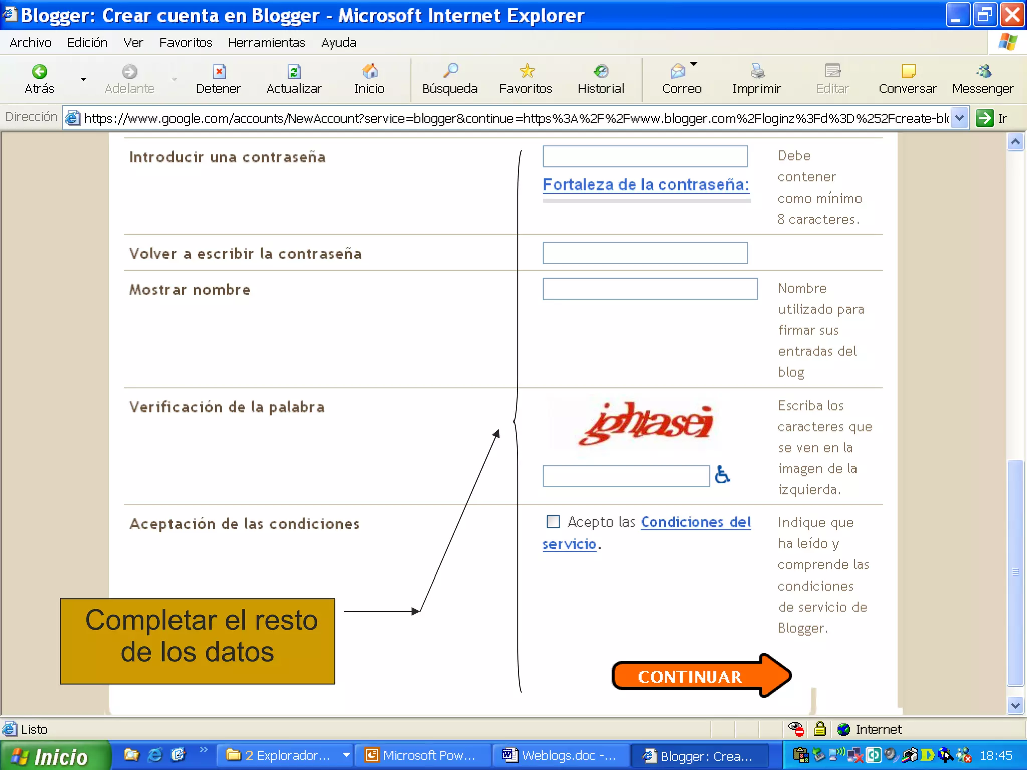 Completar el resto de los datos 
