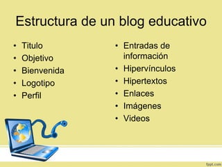 Estructura de un blog educativo
•
•
•
•
•

Titulo
Objetivo
Bienvenida
Logotipo
Perfil

• Entradas de
información
• Hipervínculos
• Hipertextos
• Enlaces
• Imágenes
• Videos

 