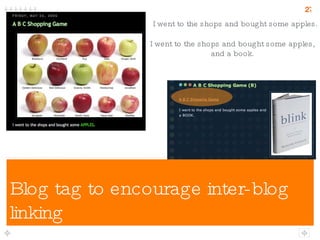 Blog tag to encourage inter-blog linking I went to the shops and bought some apples. I went to the shops and bought some apples, and a book. 