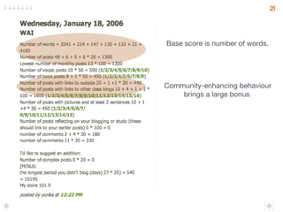 Base score is number of words. Community-enhancing behaviour brings a large bonus . 