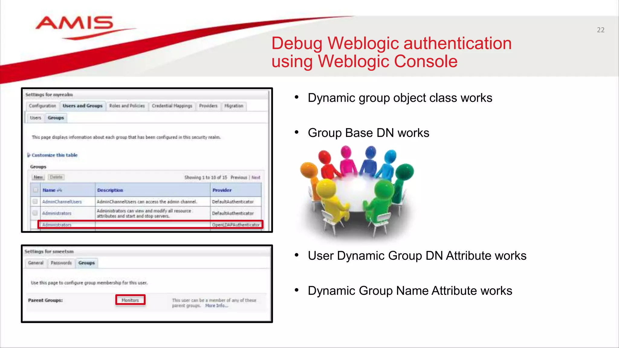 22
Debug Weblogic authentication
using Weblogic Console
• Dynamic group object class works
• Group Base DN works
• User Dynamic Group DN Attribute works
• Dynamic Group Name Attribute works
 