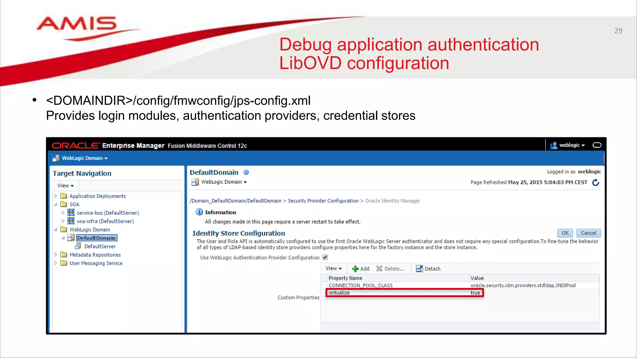 29
Debug application authentication
LibOVD configuration
• <DOMAINDIR>/config/fmwconfig/jps-config.xml
Provides login modules, authentication providers, credential stores
 