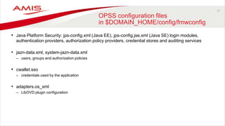 27
OPSS configuration files
in $DOMAIN_HOME/config/fmwconfig
• Java Platform Security: jps-config.xml (Java EE), jps-config.jse.xml (Java SE) login modules,
authentication providers, authorization policy providers, credential stores and auditing services
• jazn-data.xml, system-jazn-data.xml
– users, groups and authorization policies
• cwallet.sso
– credentials used by the application
• adapters.os_xml
– LibOVD plugin configuration
 