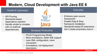 Modern, Cloud Development with Java EE 6
   Flexible & Lightweight                                                                         Extensible

• API Pruning                                                                         • Embrace open source
• Standards-based                                                                       frameworks
  dependency injection                                                                • Enable Drag & Drop
• Handle simple to complex                                                            • framework installation
  with no external                                                                    • Standards-based DI extensions
  dependencies                                                                          don’t create proprietary lock-in
                           Developer Productivity

                                             • POJO Programming Model
                                             • More annotations, better IDE support
                                             • Less XML configuration, more
                                               convention
                                             • Annotations, not deployment
                                               descriptors
    13   Oracle Technical Workshop | WebLogic 12c & Fusion Middleware
 