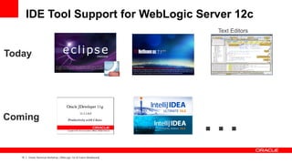 IDE Tool Support for WebLogic Server 12c
                                                                       Text Editors



Today




Coming
                                                                       …
   15   Oracle Technical Workshop | WebLogic 12c & Fusion Middleware
 