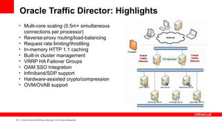 Oracle Traffic Director: Highlights
     • Multi-core scaling (0.5m+ simultaneous
       connections per processor)
     • Reverse-proxy routing/load-balancing
     • Request rate limiting/throttling
     • In-memory HTTP 1.1 caching
     • Built-in cluster management
     • VRRP HA Failover Groups
     • OAM SSO Integration
     • Infiniband/SDP support
     • Hardware-assisted crypto/compression
     • OVM/OVAB support




26    Oracle Technical Workshop | WebLogic 12c & Fusion Middleware
 