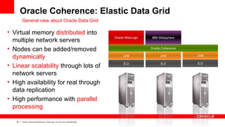 Oracle Coherence: Elastic Data Grid
        General view about Oracle Data Grid

• Virtual memory distributed into
                                                                       Oracle WebLogic        IBM Websphere
  multiple network servers
• Nodes can be added/removed                                                         Coherence
                                                                                             Oracle Coherence

  dynamically                                                               JVM                    JVM          JVM

                                                                                                                S.O
• Linear scalability through lots of                                        S.O                    S.O


  network servers
• High availability for real through
  data replication
• High performance with parallel
  processing

   36   Oracle Technical Workshop | WebLogic 12c & Fusion Middleware
 