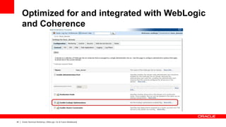 Optimized for and integrated with WebLogic
     and Coherence




44   Oracle Technical Workshop | WebLogic 12c & Fusion Middleware
 
