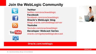 Join the WebLogic Community
                                                   Twitter
                                                   twitter.com/oracleweblogic
                                                   Facebook
                                                   facebook.com/oracleweblogic
                                                   Oracle’s WebLogic blog
                                                   blogs.oracle.com/weblogicserver
                                                   Youtube
                                                   Youtube.com/oracleweblogic
                                                   Developer Webcast Series
                                                   oracle.com/goto/weblogicdevcast



                                                    Oracle.com/weblogic


49   Oracle Technical Workshop | WebLogic 12c & Fusion Middleware
 