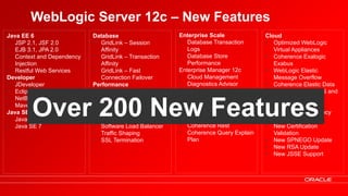 WebLogic Server 12c – New Features
Java EE 6                                            Database                     Enterprise Scale            Cloud
• JSP 2.1, JSF 2.0                                   • GridLink – Session         • Database Transaction      • Optimized WebLogic
• EJB 3.1, JPA 2.0                                      Affinity                     Logs                        Virtual Appliances
• Context and Dependency                             • GridLink – Transaction     • Database Store            • Coherence Exalogic
   Injection                                            Affinity                     Performance                 Exabus
• Restful Web Services                               • GridLink – Fast            Enterprise Manager 12c      • WebLogic Elastic
Developer                                               Connection Failover       • Cloud Management             Message Overflow
• JDeveloper                                         Performance                  • Diagnostics Advisor       • Coherence Elastic Data
• Eclipse                                            • SPECjEnterprise World      • Incident and Problem      • Exalogic HTTP, JMS and



           Over 200 New Features
• NetBeans                                              Records– EjOPS Overall,   • Management                   Web Service
• Maven                                                 EjOPS/Core,               • Patch Automation             Performance
Java SE                                                 EjOPS/Processor           Distributed Caching         • TopLink Multi-Tenancy
• Java SE 6                                          Traffic Management           • Coherence Transactions    Security Updates
• Java SE 7                                          • Software Load Balancer     • Coherence Rest            • New Certification
                                                     • Traffic Shaping            • Coherence Query Explain      Validation
                                                     • SSL Termination               Plan                     • New SPNEGO Update
                                                                                                              • New RSA Update
                                                                                                              • New JSSE Support




      10   Oracle Technical Workshop | WebLogic 12c & Fusion Middleware
 