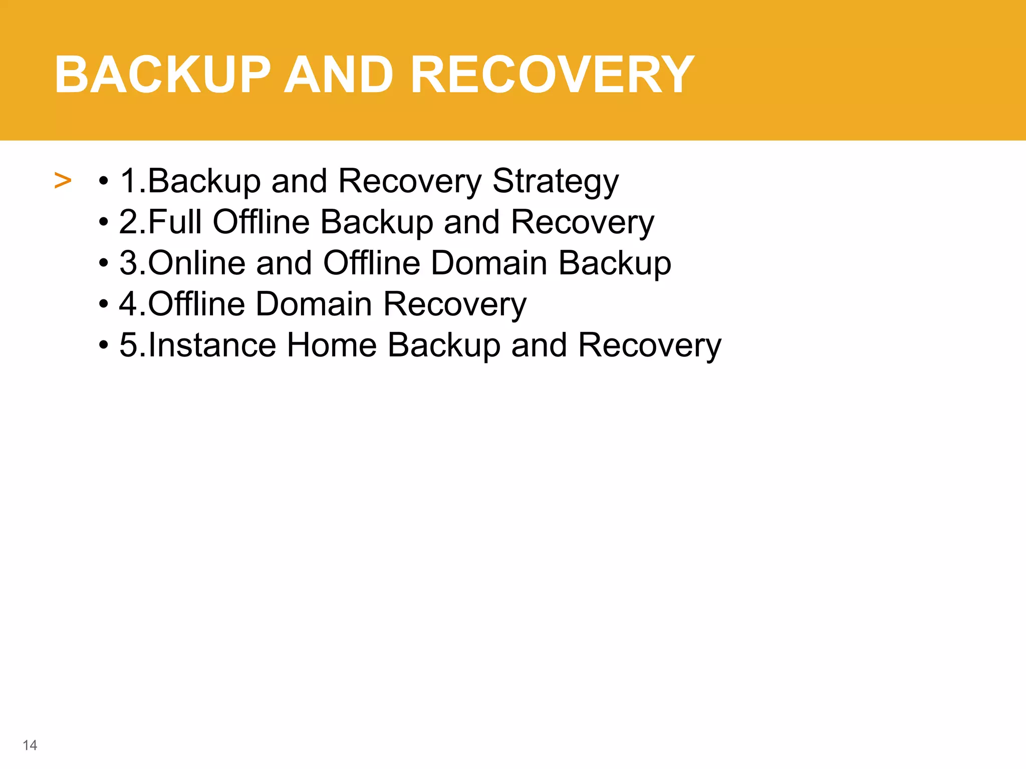 BACKUP AND RECOVERY
> • 1.Backup and Recovery Strategy
• 2.Full Offline Backup and Recovery
• 3.Online and Offline Domain Backup
• 4.Offline Domain Recovery
• 5.Instance Home Backup and Recovery
14
 