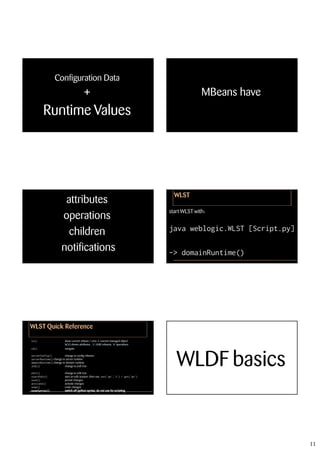 Configuration Data
                                          +                                                          MBeans have
         Runtime Values




                                                                                         WLST
                        attributes
                                                                                       start WLST with:
                       operations
                         children                                                      java weblogic.WLST [Script.py]

                       notifications                                                   -> domainRuntime()




WLST Quick Reference
ls()                     show current mbean / cmo = current managed object
                         ls('a') shows attributes , 'c' child mbeans, 'o' operations
cd()                     navigate

serverConfig()           change to config mbeans
serverRuntime() change to server runtime
domainRuntime() change to domain runtime
jndi()

edit()
                         change to jndi tree

                         change to edit tree
                                                                                          WLDF basics
startEdit()              start an edit session, then use set('pn','v') / get('pn')
save()                   persist changes
activate()               activate changes
undo()                   undo changes
easeSyntax()
easeSyntax()             switch off python syntax, do not use for scripting




                                                                                                                        11
 