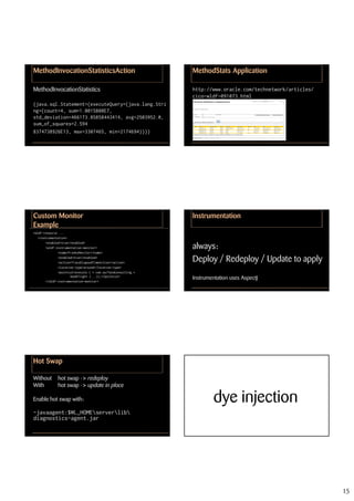 MethodInvocationStatisticsAction                               MethodStats Application

MethodInvocationStatistics                                     http://www.oracle.com/technetwork/articles/
                                                               cico-wldf-091073.html
{java.sql.Statement={executeQuery={java.lang.Stri
ng={count=4, sum=1.0015808E7,
std_deviation=466173.85858443414, avg=2503952.0,
sum_of_squares=2.594
8374738926E13, max=3307465, min=2174694}}}}




Custom Monitor                                                 Instrumentation
Example
<wldf-resource ...
   <instrumentation>

                                                               always:
        <enabled>true</enabled>
        <wldf-instrumentation-monitor>
               <name>FranksMonitor</name>
               <enabled>true</enabled>
               <action>TraceElapsedTimeAction</action>
                                                               Deploy / Redeploy / Update to apply
               <location-type>around</location-type>
               <pointcut>execute ( * com.surfandconsulting.*
                      bookFligh* (...));</pointcut>
                                                               Instrumentation uses AspectJ
        </wldf-instrumentation-monitor>




Hot Swap

Without       hot swap -> redeploy
With          hot swap -> update in place

Enable hot swap with:                                                  dye injection
-javaagent:$WL_HOMEserverlib
diagnostics-agent.jar




                                                                                                             15
 