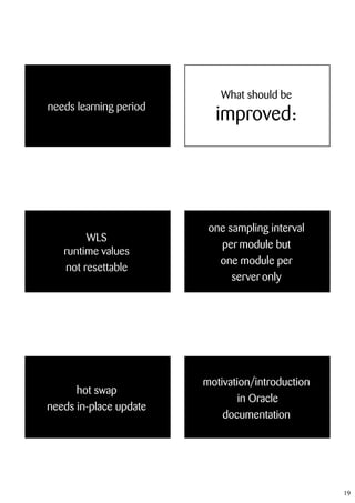 What should be
needs learning period
                          improved:




                         one sampling interval
         WLS
                           per module but
   runtime values
                           one module per
    not resettable
                              server only




                        motivation/introduction
      hot swap
                                in Oracle
needs in-place update
                            documentation




                                                  19
 