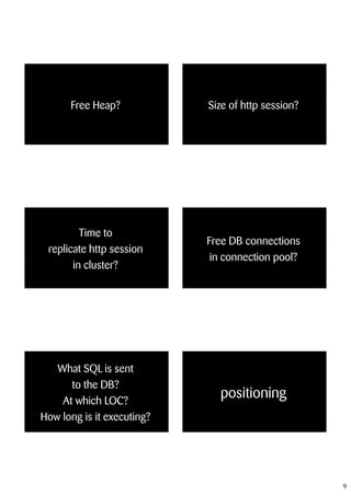 Free Heap?            Size of http session?




         Time to
                            Free DB connections
 replicate http session
                             in connection pool?
       in cluster?




   What SQL is sent
      to the DB?
    At which LOC?
                              positioning
How long is it executing?




                                                    9
 