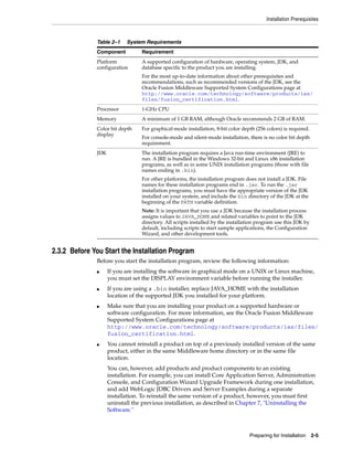 Installation Prerequisites
Preparing for Installation 2-5
2.3.2 Before You Start the Installation Program
Before you start the installation program, review the following information:
■ If you are installing the software in graphical mode on a UNIX or Linux machine,
you must set the DISPLAY environment variable before running the installer.
■ If you are using a .bin installer, replace JAVA_HOME with the installation
location of the supported JDK you installed for your platform.
■ Make sure that you are installing your product on a supported hardware or
software configuration. For more information, see the Oracle Fusion Middleware
Supported System Configurations page at
http://www.oracle.com/technology/software/products/ias/files/
fusion_certification.html.
■ You cannot reinstall a product on top of a previously installed version of the same
product, either in the same Middleware home directory or in the same file
location.
You can, however, add products and product components to an existing
installation. For example, you can install Core Application Server, Administration
Console, and Configuration Wizard Upgrade Framework during one installation,
and add WebLogic JDBC Drivers and Server Examples during a separate
installation. To reinstall the same version of a product, however, you must first
uninstall the previous installation, as described in Chapter 7, "Uninstalling the
Software."
Table 2–1 System Requirements
Component Requirement
Platform
configuration
A supported configuration of hardware, operating system, JDK, and
database specific to the product you are installing.
For the most up-to-date information about other prerequisites and
recommendations, such as recommended versions of the JDK, see the
Oracle Fusion Middleware Supported System Configurations page at
http://www.oracle.com/technology/software/products/ias/
files/fusion_certification.html.
Processor 1-GHz CPU
Memory A minimum of 1 GB RAM, although Oracle recommends 2 GB of RAM.
Color bit depth
display
For graphical-mode installation, 8-bit color depth (256 colors) is required.
For console-mode and silent-mode installation, there is no color bit depth
requirement.
JDK The installation program requires a Java run-time environment (JRE) to
run. A JRE is bundled in the Windows 32-bit and Linux x86 installation
programs, as well as in some UNIX installation programs (those with file
names ending in .bin).
For other platforms, the installation program does not install a JDK. File
names for these installation programs end in .jar. To run the .jar
installation programs, you must have the appropriate version of the JDK
installed on your system, and include the bin directory of the JDK at the
beginning of the PATH variable definition.
Note: It is important that you use a JDK because the installation process
assigns values to JAVA_HOME and related variables to point to the JDK
directory. All scripts installed by the installation program use this JDK by
default, including scripts to start sample applications, the Configuration
Wizard, and other development tools.
 