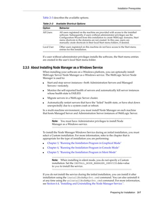 Installation Prerequisites
Preparing for Installation 2-7
Table 2–3 describes the available options.
If a user without administrator privileges installs the software, the Start menu entries
are created in the user's local Start menu folder.
2.3.5 About Installing Node Manager as a Windows Service
When installing your software on a Windows platform, you can optionally install
WebLogic Server Node Manager as a Windows service. The WebLogic Server Node
Manager is used to:
■ Start and stop server instances—both Administration Servers and Managed
Servers—remotely.
■ Monitor the self-reported health of servers and automatically kill server instances
whose health state is FAILED.
■ Migrate servers in a WebLogic Server cluster.
■ Automatically restart servers that have the "failed" health state, or have shut down
unexpectedly due to a system crash or reboot.
In a multi-machine environment, you must install Node Manager on each machine
that hosts Managed Server and Administration Server instances of WebLogic Server.
To install the Node Manager Windows Service during an initial installation, you must
select a Custom installation. For more information, refer to the chapter that is
appropriate for the type of installation you are performing:
■ Chapter 3, "Running the Installation Program in Graphical Mode"
■ Chapter 4, "Running the Installation Program in Console Mode"
■ Chapter 5, "Running the Installation Program in Silent Mode"
If you do not install the service during the initial installation, you can install it after
installation using the installNodeMgrSvc.cmd command. You can also uninstall it
at any time using the uninstallNodeMgrSvc.cmd command. For more information,
see Section 6.4, "Installing and Uninstalling the Node Manager Service.".
Table 2–3 Available Shortcut Options
Option Behavior
All Users All users registered on the machine are provided with access to the installed
software. Subsequently, if users without administrator privileges use the
Configuration Wizard from this installation to create WebLogic domains, Start
menu shortcuts to the domains are not created. In this case, users can
manually create shortcuts in their local Start menu folders, if desired.
Local User Other users registered on this machine do not have access to the Start menu
entries for this installation.
Note: You must have Administrator privileges to install Node
Manager as a Windows service.
Note: When installing in silent mode, you do not specify a Custom
installation. Set the INSTALL_NODE_MANAGER_SERVICE data-value
to yes to install the service.
 