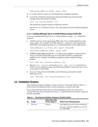 Installation Screens
Running the Installation Program in Graphical Mode 3-3
PATH=$JAVA_HOME/bin:$PATH; export PATH
3. Go to the directory where you downloaded the installation program.
4. Launch the installation program by entering the following command (this
example shows the Generic installer):
java -jar wls1034_generic.jar
The installation program begins to install the software.
See Section 3.2, "Installation Screens" for a description of each installation program
screen.
3.1.3.1 Installing WebLogic Server on 64-Bit Platforms Using a 64-Bit JDK
If you are installing WebLogic Server on a 64-bit platform using a .jar installation
program:
■ Add the directory of the appropriate JDK to the PATH variable definition on the
target system. For example, on UNIX, add the bin directory of the appropriate
64-bit JDK to the beginning of the PATH variable definition on the target system:
JAVA_HOME=path_to_64-bit_JDK; export JAVA_HOME
PATH=$JAVA_HOME/bin:$PATH; export PATH
■ (UNIX or Linux only) Include the -d64 flag in the installation command when
using a 32/64-bit hybrid JDK (such as for the HP-PA, HPIA, and Solaris64
platforms). For example, if installing in graphical mode using the Package
installer:
java -d64 -jar wlsversion_generic.jar
■ Run the java -version command (or java -d64 -version command on
UNIX or Linux platforms using a 32/64-bit hybrid JDK) to ensure that your JAVA_
HOME refers to a 64-bit JDK.
■ If you are using the Sun 64-bit JDK, use the following command to install
WebLogic Server:
java -Xmx1024m -jar wlsversion_generic.jar
3.2 Installation Screens
The installation program displays a series of screens, in the order listed in Table 3–1.
Some screens are displayed only in certain situations, as noted in the table.
If you need additional help with any of the installation screens, see Appendix A,
"Oracle WebLogic Server Installation Screens," or click the link in the Screen column of
the following table.
Table 3–1 Running the Installation Program in Graphical Mode
No. Screen
When Does This
Screen Appear? Perform the Following Action
1 Welcome Always Click Next to proceed with the installation.
You may cancel the installation at any time
by clicking Exit.
 