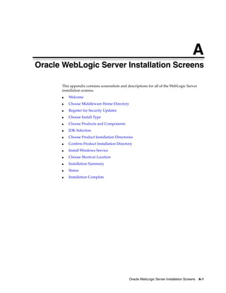 A
Oracle WebLogic Server Installation Screens A-1
AOracle WebLogic Server Installation Screens
This appendix contains screenshots and descriptions for all of the WebLogic Server
installation screens.
■ Welcome
■ Choose Middleware Home Directory
■ Register for Security Updates
■ Choose Install Type
■ Choose Products and Components
■ JDK Selection
■ Choose Product Installation Directories
■ Confirm Product Installation Directory
■ Install Windows Service
■ Choose Shortcut Location
■ Installation Summary
■ Status
■ Installation Complete
 