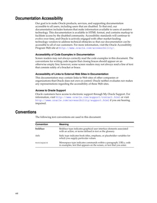 viii
Documentation Accessibility
Our goal is to make Oracle products, services, and supporting documentation
accessible to all users, including users that are disabled. To that end, our
documentation includes features that make information available to users of assistive
technology. This documentation is available in HTML format, and contains markup to
facilitate access by the disabled community. Accessibility standards will continue to
evolve over time, and Oracle is actively engaged with other market-leading
technology vendors to address technical obstacles so that our documentation can be
accessible to all of our customers. For more information, visit the Oracle Accessibility
Program Web site at http://www.oracle.com/accessibility/.
Accessibility of Code Examples in Documentation
Screen readers may not always correctly read the code examples in this document. The
conventions for writing code require that closing braces should appear on an
otherwise empty line; however, some screen readers may not always read a line of text
that consists solely of a bracket or brace.
Accessibility of Links to External Web Sites in Documentation
This documentation may contain links to Web sites of other companies or
organizations that Oracle does not own or control. Oracle neither evaluates nor makes
any representations regarding the accessibility of these Web sites.
Access to Oracle Support
Oracle customers have access to electronic support through My Oracle Support. For
information, visit http://www.oracle.com/support/contact.html or visit
http://www.oracle.com/accessibility/support.html if you are hearing
impaired.
Conventions
The following text conventions are used in this document:
Convention Meaning
boldface Boldface type indicates graphical user interface elements associated
with an action, or terms defined in text or the glossary.
italic Italic type indicates book titles, emphasis, or placeholder variables for
which you supply particular values.
monospace Monospace type indicates commands within a paragraph, URLs, code
in examples, text that appears on the screen, or text that you enter.
 