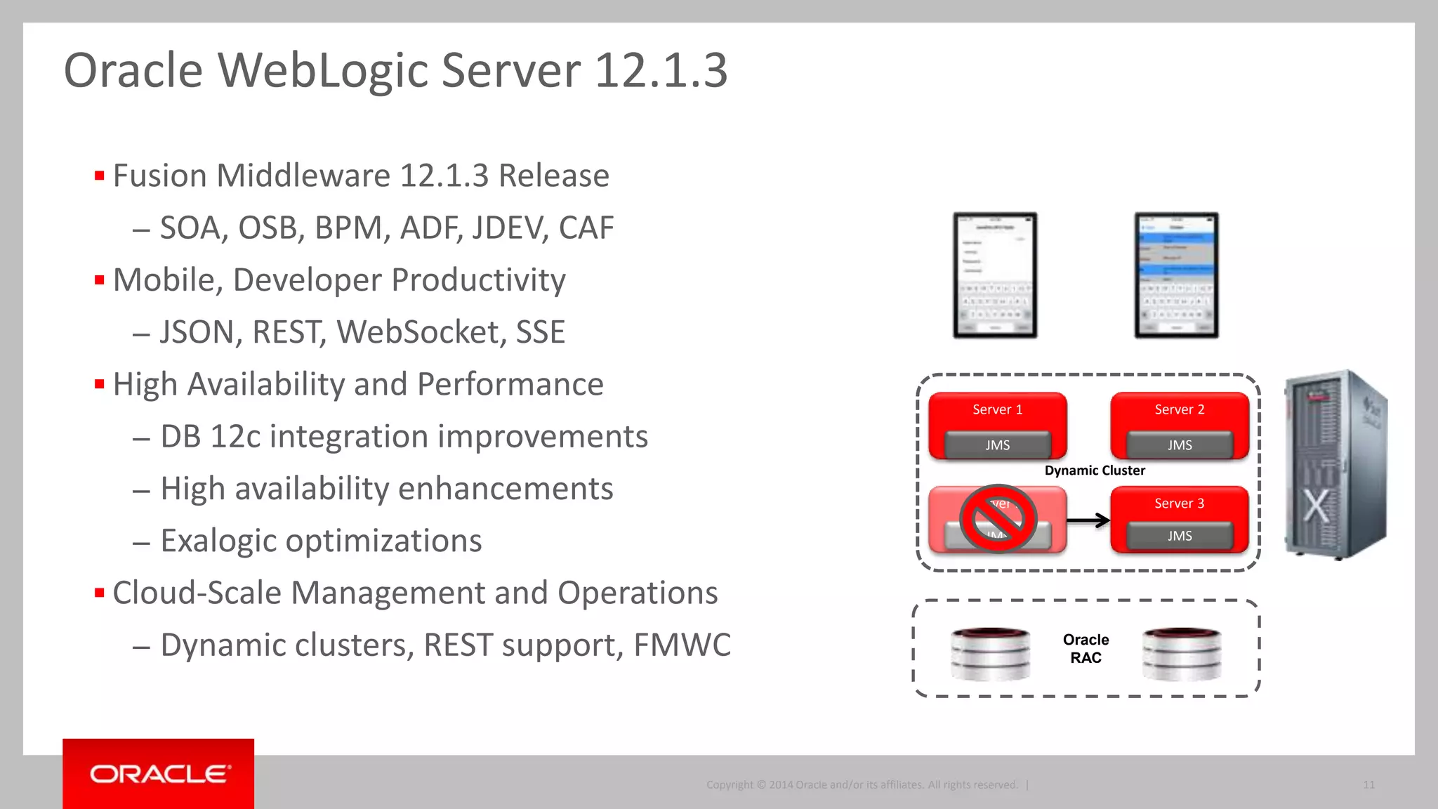 Copyright © 2014, Oracle and/or its affiliates. All rights reserved. |
Oracle Confidential –
11
• Improves upon 12.1.2 Maven support via oracle-maven-sync, weblogic-
maven-plugin
• New wlst-client goal to run WLST scripts from fully remote environment
• No longer require local installation of WebLogic Server to execute WLST
from Maven
• All WebLogic artifacts available in public Maven repository
– Not Maven Central
WebLogic 12.1.3
Maven Support
 
