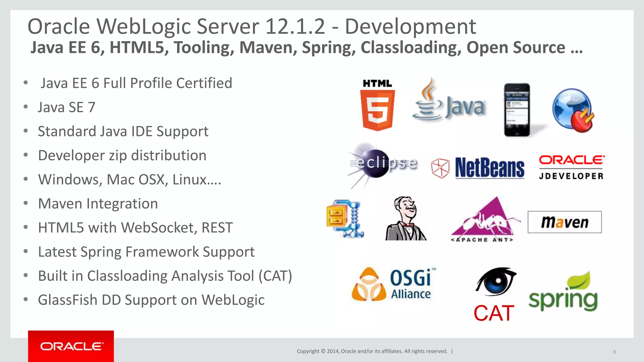 Copyright © 2014, Oracle and/or its affiliates. All rights reserved. | 8
Java EE 7 APIs in WebLogic 12.1.3
+WebSocket Servlet 3.1*
+Concurrency
JPA 2.1*
JTA 1.2* EJB 3.2* JMS 2*
JSP EL 3* JSF 2.2* JAX-RS 2*
+JSON-P
+Batch
JavaMail
JCA
Interceptors1.2*
BeanValidation1.1*
CDI1.1*
Enabled by
Default
Enabled by
Default
PRE_CLASSPATH
Adjustment/Patch
PRE_CLASSPATH
Adjustment/Patch
 