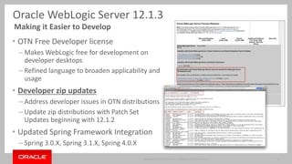 Copyright © 2014, Oracle and/or its affiliates. All rights reserved. |
Oracle Confidential –
12
• WebLogic certified to run on Docker
• Official Docker images available
– On GitHub
• You can use supplied images or create your own
WebLogic 12.1.3
Docker Support
 