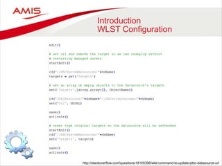 Introduction
WLST Configuration
http://stackoverflow.com/questions/18105396/wlst-command-to-update-jdbc-datasource-url
 