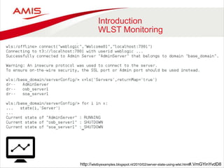 Introduction
WLST Monitoring
http://wlstbyexamples.blogspot.nl/2010/02/server-state-using-wlst.html#.VmGYinYvdD8
 