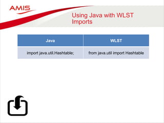 Using Java with WLST
Imports
Java WLST
import java.util.Hashtable; from java.util import Hashtable
 