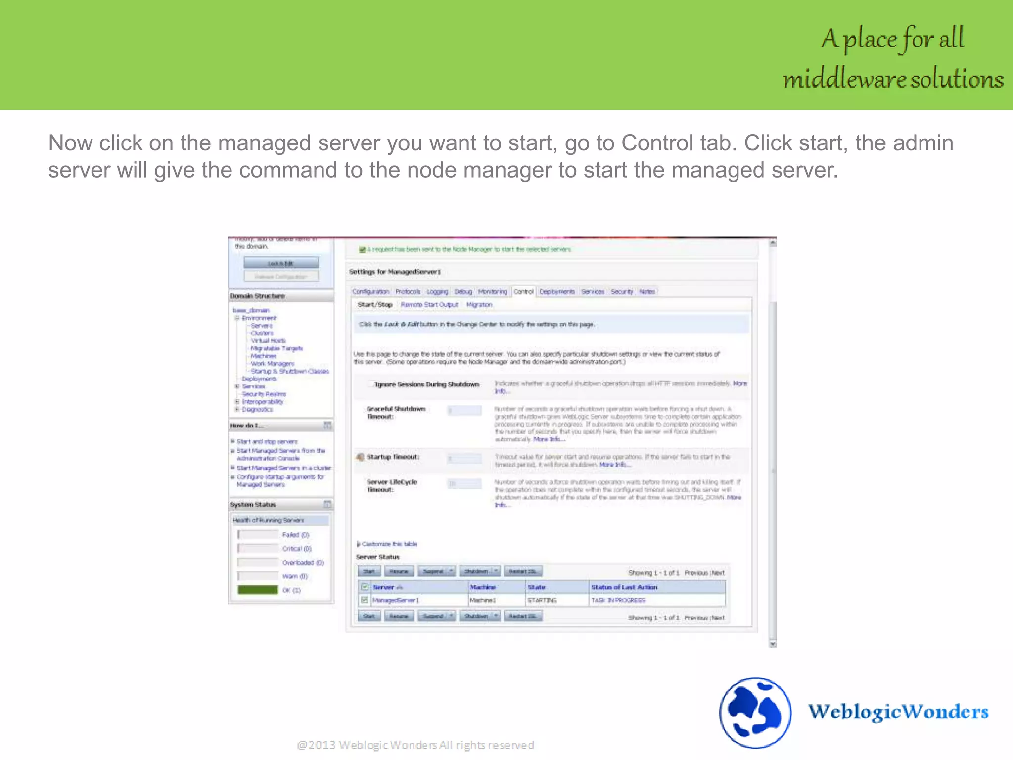 Now click on the managed server you want to start, go to Control tab. Click start, the admin
server will give the command to the node manager to start the managed server.
 