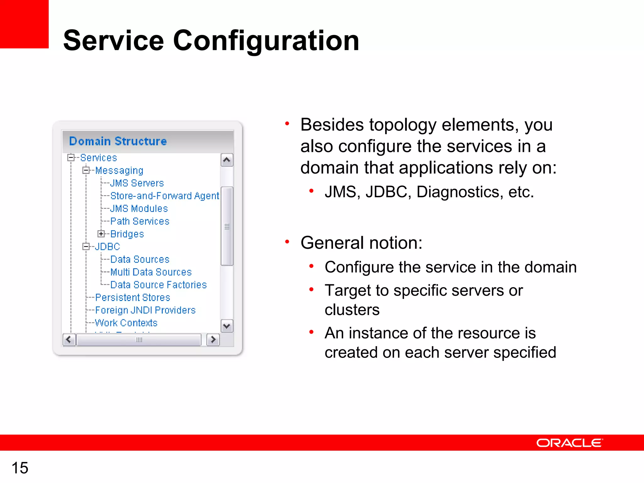 15
Service Configuration
• Besides topology elements, you
also configure the services in a
domain that applications rely on:
• JMS, JDBC, Diagnostics, etc.
• General notion:
• Configure the service in the domain
• Target to specific servers or
clusters
• An instance of the resource is
created on each server specified
 